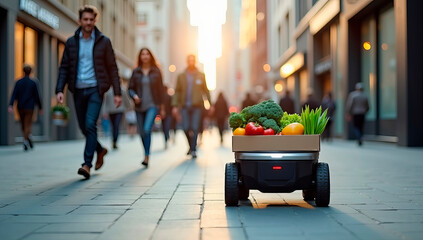 autonomous, robot, groceries, delivery, city, street, pedestrians, vegetables, business, service, sunset, urban, fresh, transport, produce, technology, transportation, automation, food, bot, crowd, wa