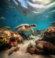 Obraz premium A green sea turtle gracefully swims amidst vibrant coral and various tropical marine life.