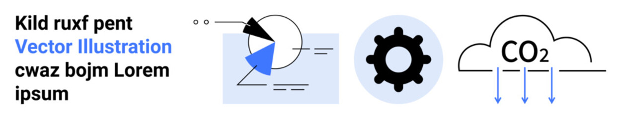 Pie chart with sections, gear symbol, and CO2 cloud emphasizing data analysis, efficiency, and sustainability. Ideal for technology, environment, processes, infographics research content simple