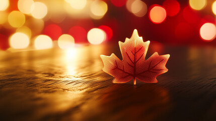 Glowing maple leaf pendant on rustic wood, warm sunlight and soft bokeh, embodying Canadian pride and serenity.