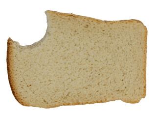 Isolated bitten piece of white rough bread on a white background