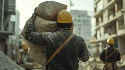 Construction laborer moving construction materials on site. Featuring physical labor and teamwork