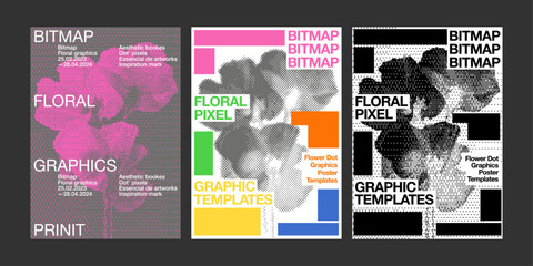 Floral bitmap graphic poster template dot pixel halftone monochrome square pattern trendy creative abstract digital concept composition cover banner annual exhibition book brochure leaflet flyer