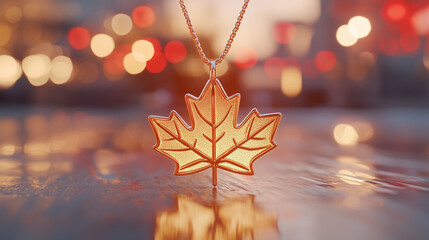 Glowing maple leaf pendant on rustic wood, warm sunlight and soft bokeh, embodying Canadian pride and serenity.