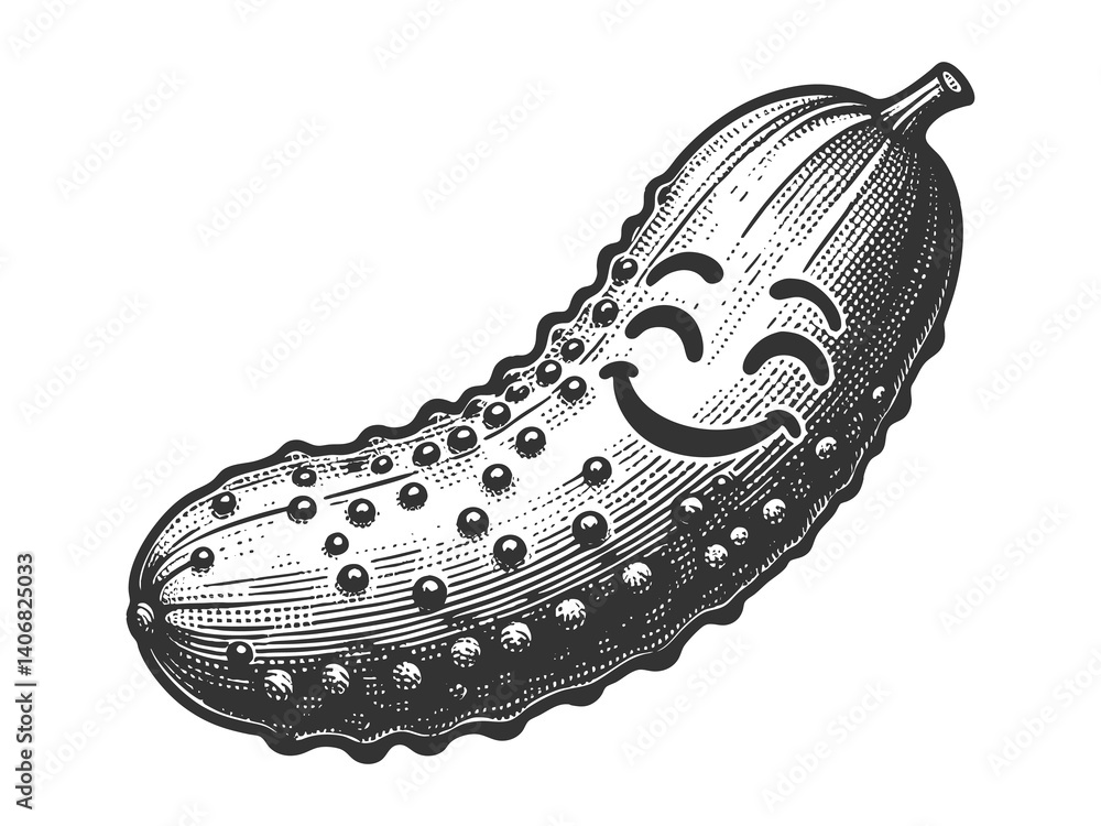 Poster smiling cucumber pickle with a cheerful face, drawn in a retro style with playful details sketch eng