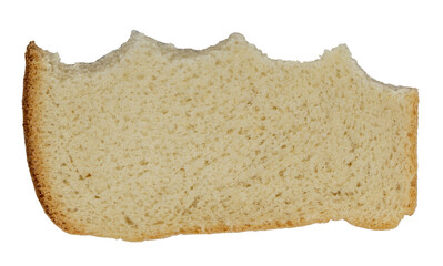 Isolated bitten piece of white rough bread on a white background