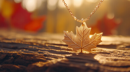 Glowing maple leaf pendant on rustic wood, warm sunlight and soft bokeh, embodying Canadian pride and serenity.