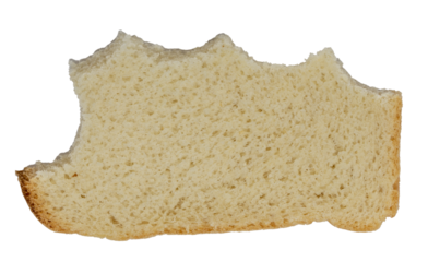 Isolated bitten piece of white rough bread on a white background