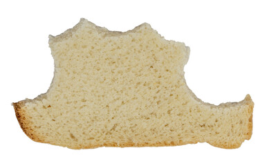 Isolated bitten piece of white rough bread on a white background
