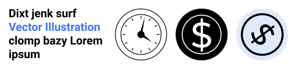 Clock icon for time management, dollar signs for finance and money-related ideas. Ideal for business, budgeting, savings, scheduling, investments, time tracking, simple landing page