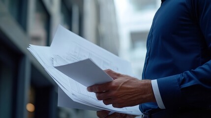 Construction manager inspecting site blueprint. Featuring site planning and construction management