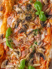 Rustic Mushroom Pizza with Tomato Sauce on a Wooden Board