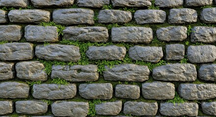Obraz premium Textured facade of a grey stone barrier made of irregular hefty stones with tiny plants sprouting from joints