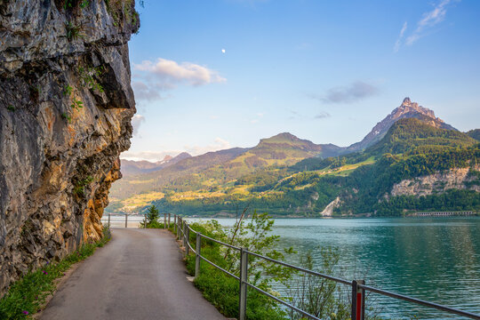 Scenic view of Muertschenstock mountain and Lake Walen in Switzerland