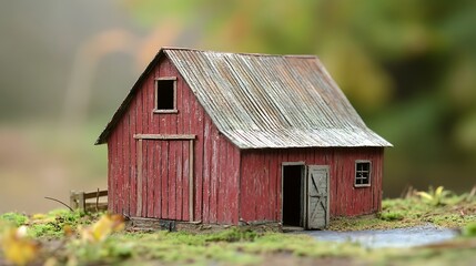 Obraz premium Red Barn Model with Open Door on Rural Display