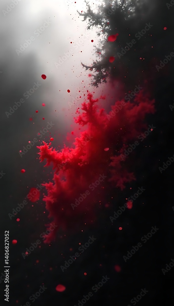 Poster abstract red cloud formation on dark background with particles