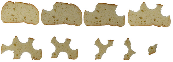 Isolated collection of bitten white bread on white background