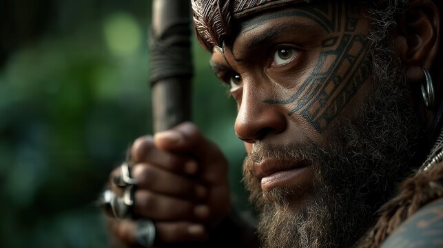 Intense Polynesian adult warrior with facial tattoos in forest
