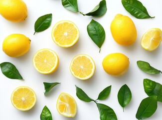 Fresh and Bright Yellow Lemons and Green Leaves on Light Background for Healthy Lifestyle Promotion and Culinary Inspiration