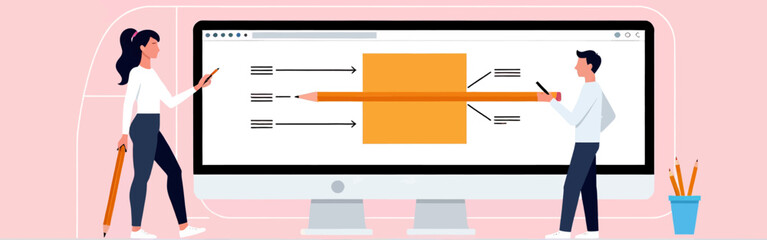 Team-collaborating_on_a_computer_screen-displaying_a_pencil_and_information_flow_diagram-with_a_pink_background_and_pencil_holder_