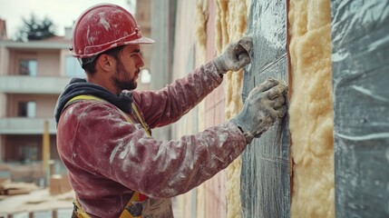 Construction worker applying insulation to a building wall. Featuring insulation installation