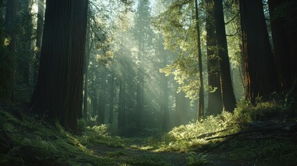 Obraz premium Tranquil Redwood Forest with Sunlight