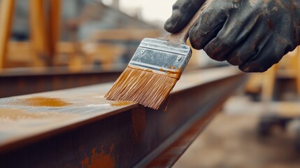 Construction worker applying paint to steel beams. Featuring painting process