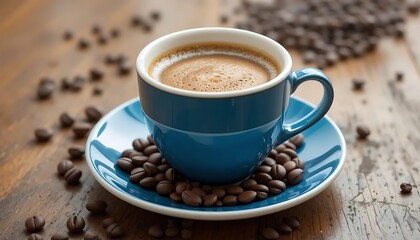 Fototapeta premium Blue Coffee Cup With Espresso Surrounded by Roasted Coffee Beans.