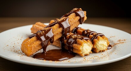 Fried Pastry Dessert with Chocolate Sauce and Filling