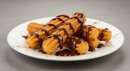 Fried Pastry with Chocolate Drizzle and Cinnamon on Plate