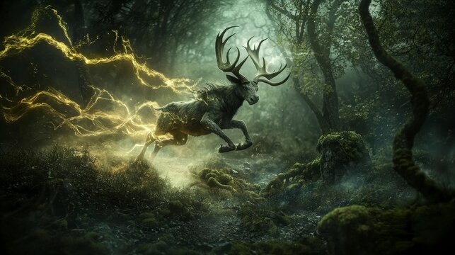 Majestic sleipnir gallops through enchanted forest fantasy art mystical environment dynamic perspective