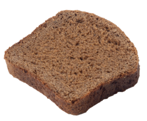 Isolated slice of brown artisan bread on white background, side view