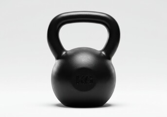 Fototapeta premium A single black kettlebell centered on a white background with a handle and rounded base shape design
