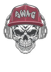 Skull with retro baseball cap  & retro style headphone 63 - BW
