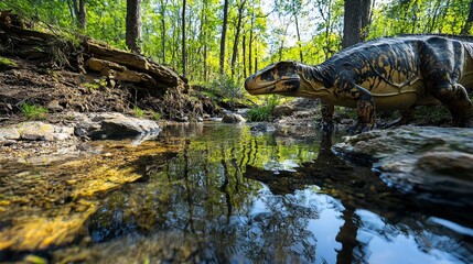 Fototapeta premium Diprotodon exploring a tranquil stream in nature wildlife photography lush green forest close-up view