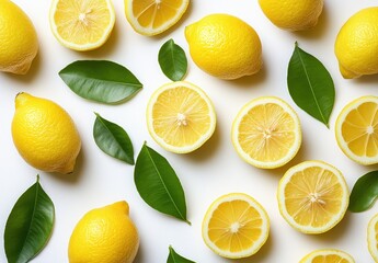 Fresh and Juicy Lemons with Bright Green Leaves Arranged Artistically on a Light Background for Culinary or Lifestyle Themes in Stock Photography