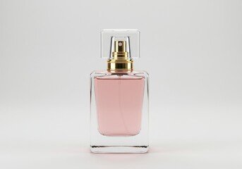 A clear glass perfume bottle with a pink liquid and a gold sprayer on a white background surface top