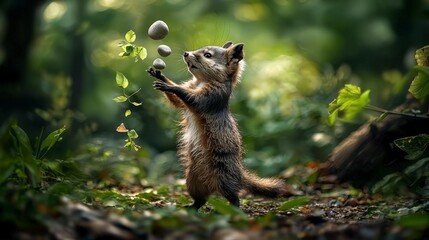 Playful tanuki juggling stones in lush forest nature scene whimsical environment captivating viewpoint