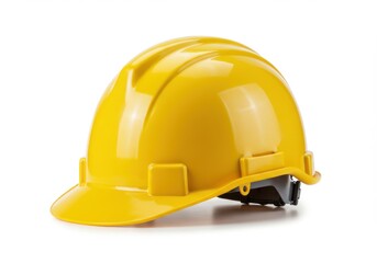 Fototapeta premium A yellow hard hat on a white background providing safety for construction workers on the jobsite