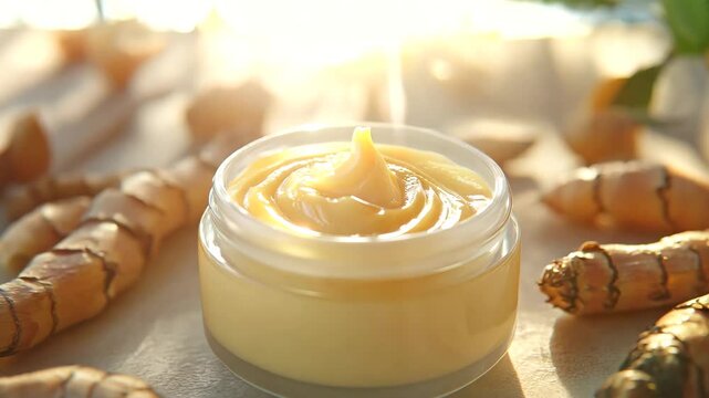 A jar of yellow cream sits on a table with some ginger root. The jar is half full and the ginger root is sliced