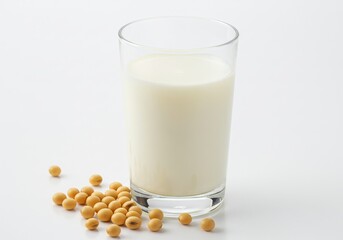 A glass of soy milk with scattered soybeans on a white surface in a well lit environment