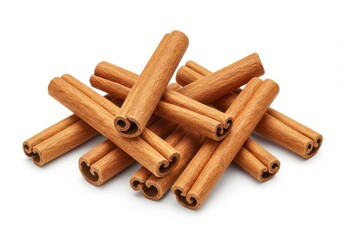 A close up shot of a pile of cinnamon sticks on a white background in a studio setting for food photography