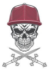 Skull with retro baseball cap  being dangerous 60b - BW