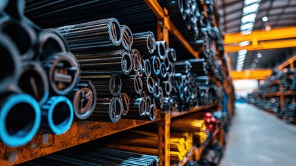 Fototapeta premium A warehouse stocked with steel rods and industrial-grade metal components, detailed industrial textures