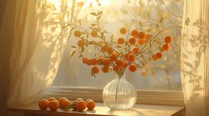 Orange Berries in Glass Vase by Window in Sunlight