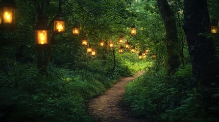 Tranquil Forest with Lantern-lit Path