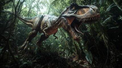 Obraz premium Tyrannosaurus rex roams ancient jungle dinosaurs photo lush environment ground level prehistoric scene