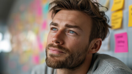 A content creator analyzes various notes on a wall during an evening brainstorming session. Ideas for a new campaign flow as he reflects thoughtfully on his plans for success