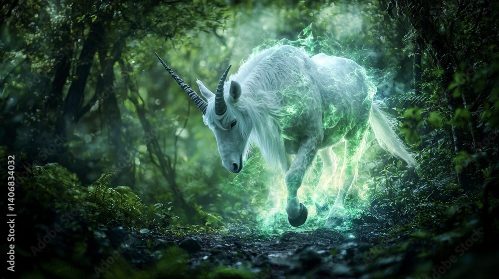 Aufkleber qilin walking through enchanted forest nature scene magical creatures serene environment side view f