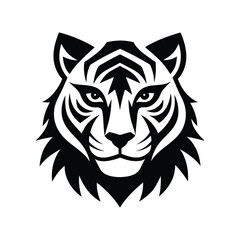Black and white tribal tiger head with bold symmetrical stripes.eps